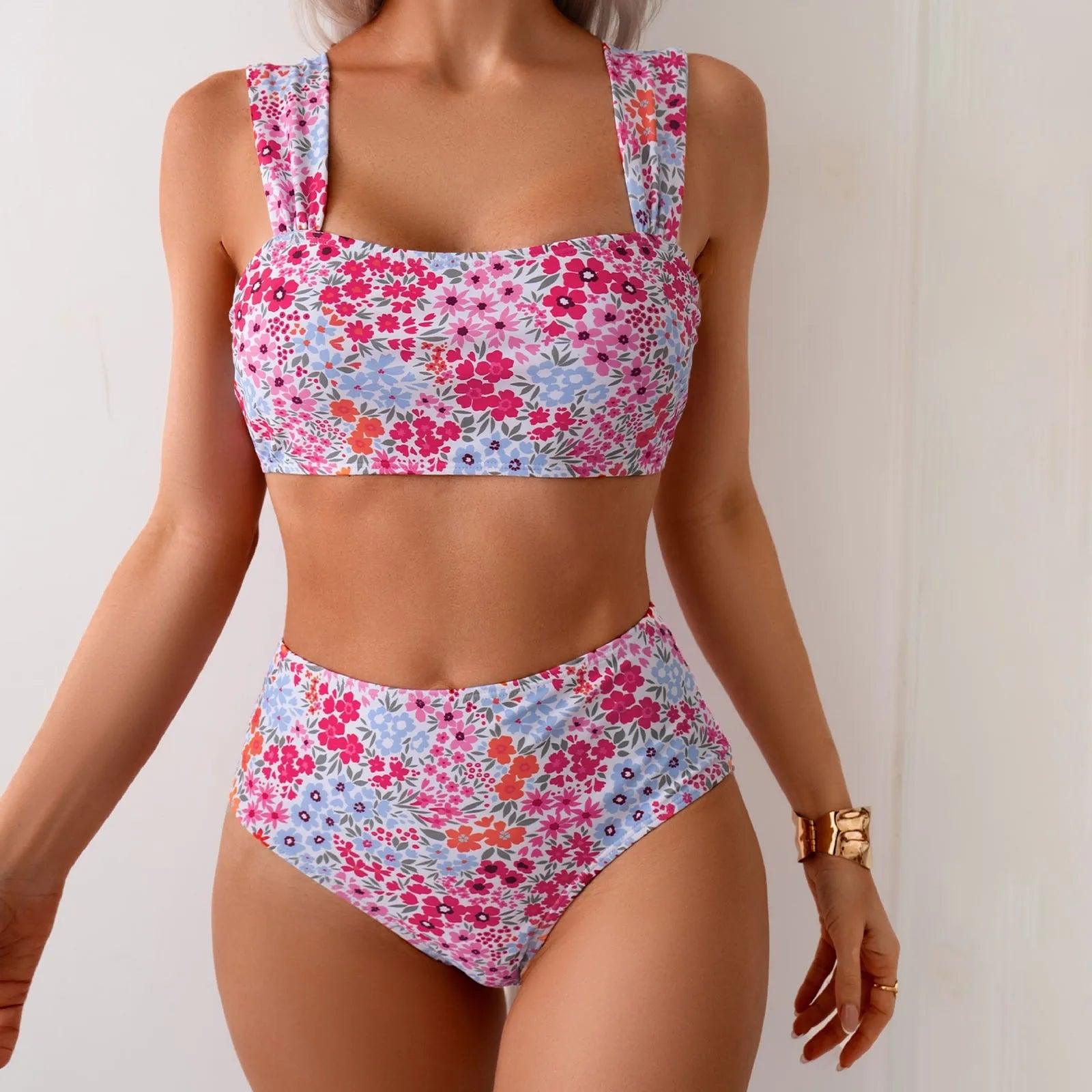 Sexy Vintage Floral Print High Waisted Women's Bikini Swimsuit